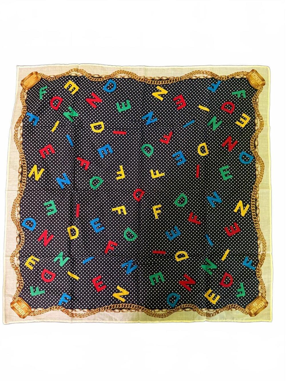 Fendi Vintage Polka Dot Silk Scarf with Colorful Alphabet Print